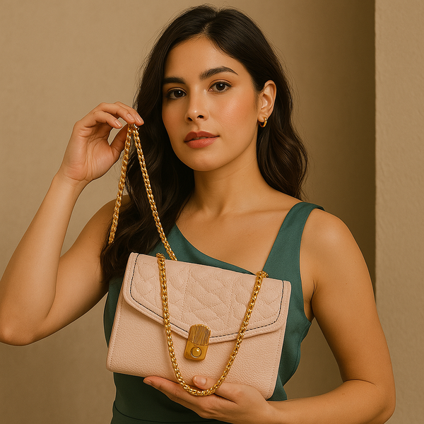 Peach Quilted Leather Flap Shoulder Bag – Soft Gold Chain Designer Purse for Women