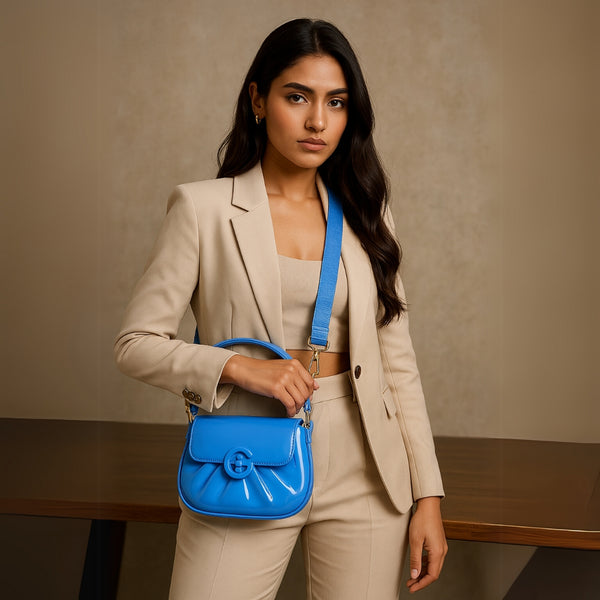 Sky Blue Glossy Shoulder Bag with Signature G Clasp – Fresh & Trendy