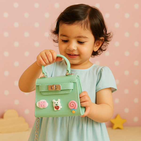 Mint Green Kids Handbag – Glossy Mini Purse with Bear, ‘Hi’ Cloud & Lollipop Embellishments