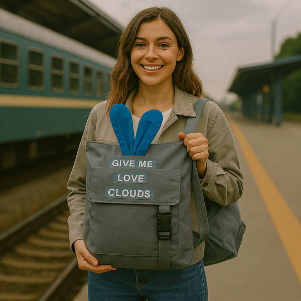 Gray "Give Me Love Clouds" Backpack with Blue Bunny Ears – Travel Cute Canvas Bag