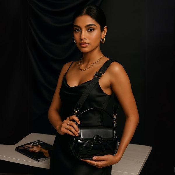 Black Glossy Pleated Handbag with G Logo – Chic and Versatile Purse