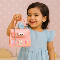 Peachy Pink Mini Kids Purse – Glossy Trapezoid Handbag with Fun Bear & Candy Charms