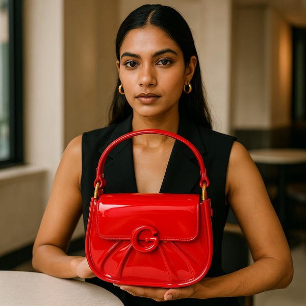 Cherry Red Glossy Handbag with G Logo – Statement Shoulder Purse