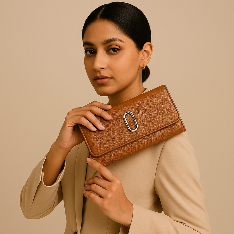 Brown Textured Leather Clutch Wallet for Women
