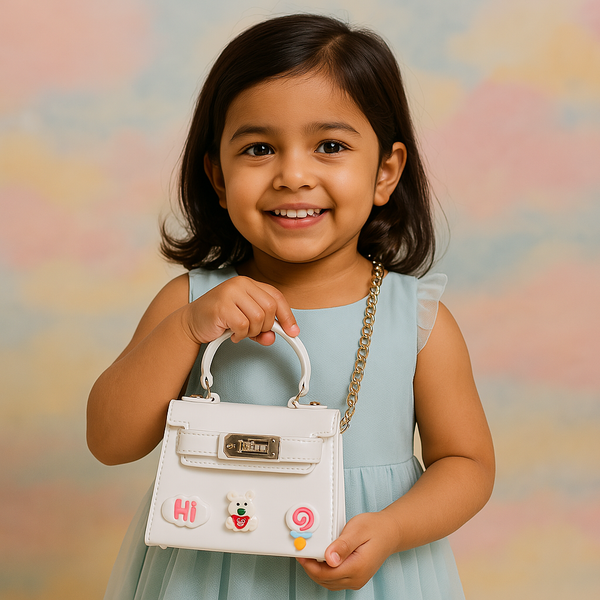 Ivory White Glossy Mini Purse for Kids – Cute Bear, Cloud & Lollipop Details with Chain Strap