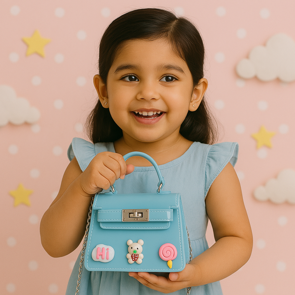 Glossy Light Blue Mini Kids Purse with Bear & Lollipop Charms – Cute Trapezoid Handbag with Chain Strap