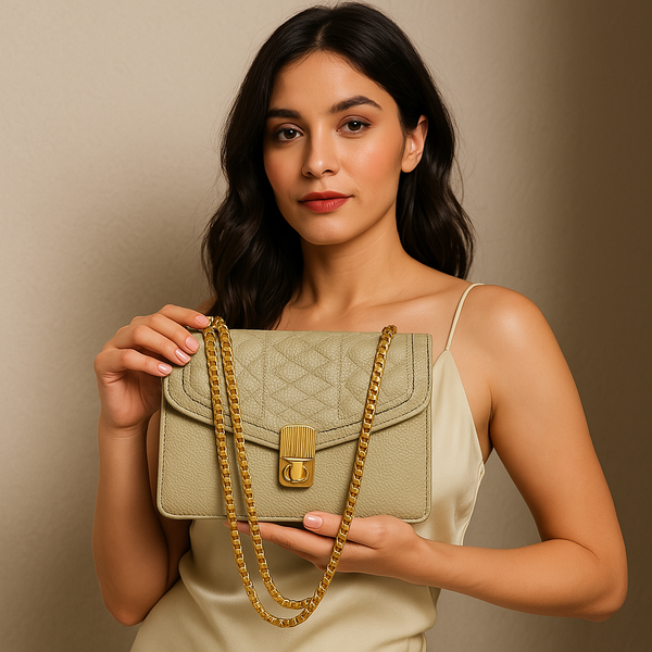 Olive Green Quilted Leather Handbag – Stylish Flap Shoulder Bag with Gold Chain