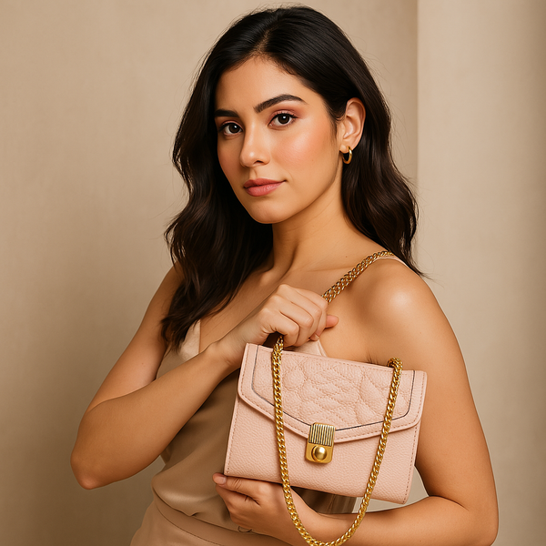 Blush Pink Quilted Leather Crossbody – Chic Gold Chain Mini Flap Bag for Women