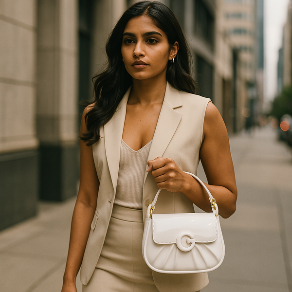 Ivory White Glossy G Clasp Bag – Minimalist Elegant Patent Leather Handbag