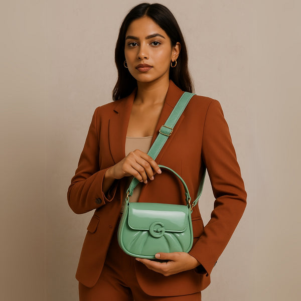 Mint Green Glossy Handbag with G Buckle – Stylish Pastel Shoulder Purse