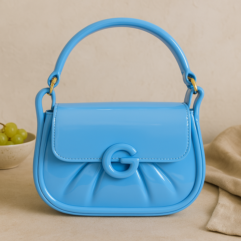 Sky Blue Glossy Shoulder Bag with Signature G Clasp – Fresh & Trendy
