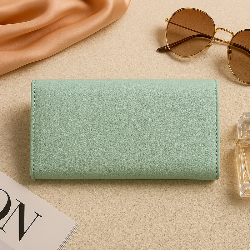 Green Textured Leather Clutch Wallet for Women