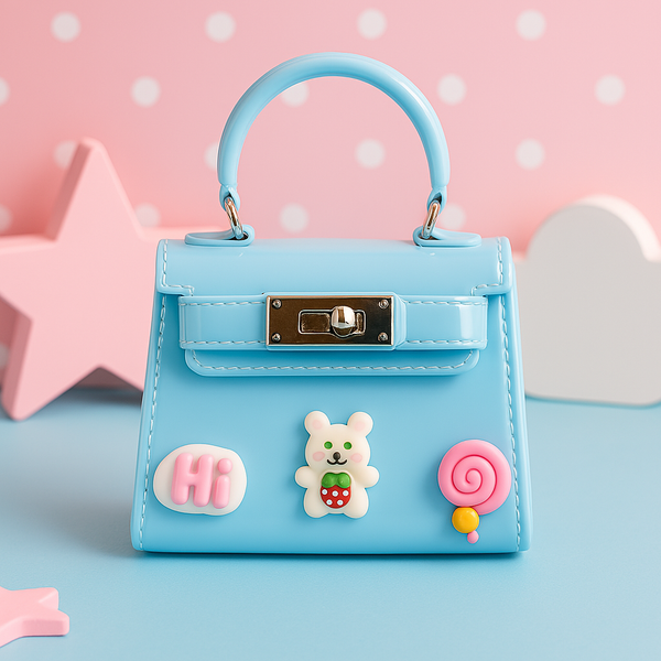 Glossy Light Blue Mini Kids Purse with Bear & Lollipop Charms – Cute Trapezoid Handbag with Chain Strap