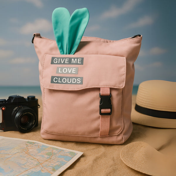 Dusty Pink “Give Me Love Clouds” Backpack – Cute Bunny Ear Travel Bag