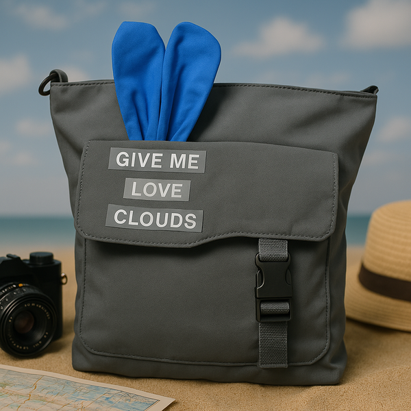 Gray "Give Me Love Clouds" Backpack with Blue Bunny Ears – Travel Cute Canvas Bag