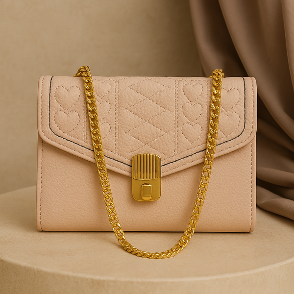 Peach Quilted Leather Flap Shoulder Bag – Soft Gold Chain Designer Purse for Women