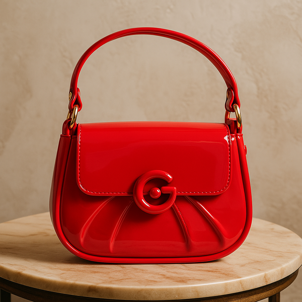Cherry Red Glossy Handbag with G Logo – Statement Shoulder Purse