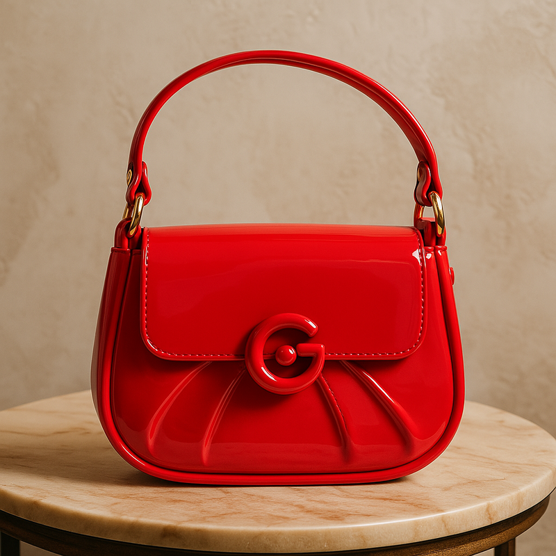 Cherry Red Glossy Handbag with G Logo – Statement Shoulder Purse