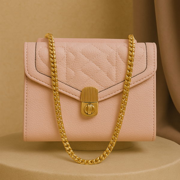 Blush Pink Quilted Leather Crossbody – Chic Gold Chain Mini Flap Bag for Women