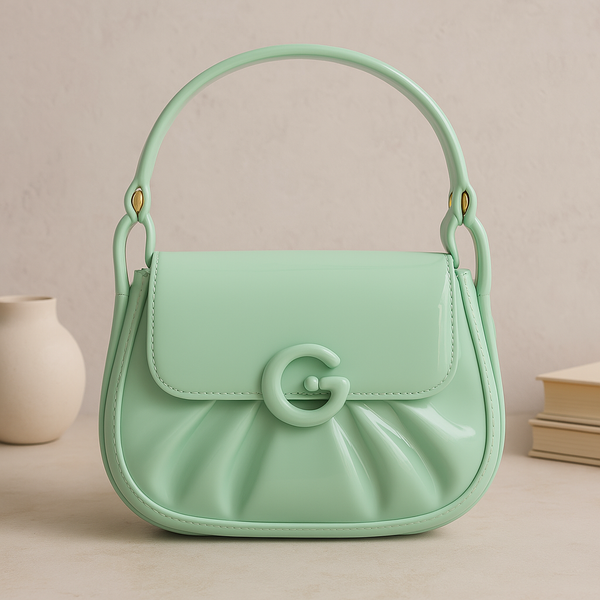Mint Green Glossy Handbag with G Buckle – Stylish Pastel Shoulder Purse