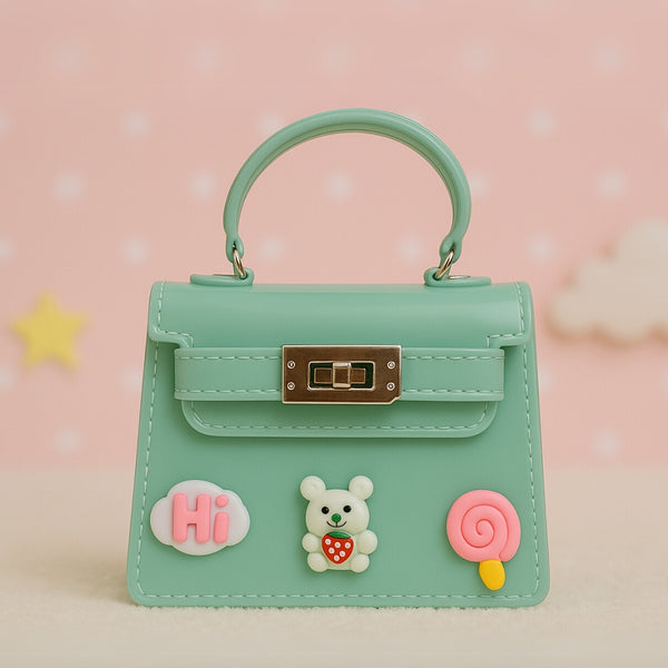 Mint Green Kids Handbag – Glossy Mini Purse with Bear, ‘Hi’ Cloud & Lollipop Embellishments