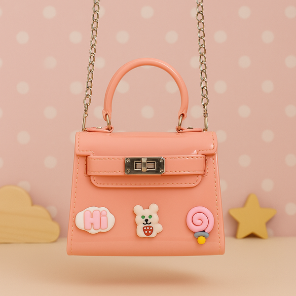 Peachy Pink Mini Kids Purse – Glossy Trapezoid Handbag with Fun Bear & Candy Charms