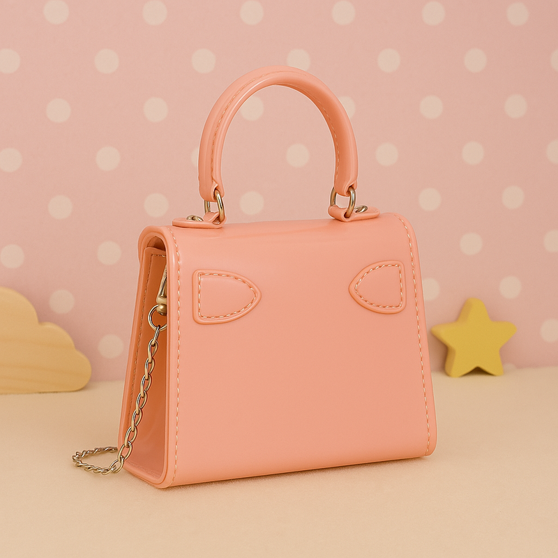 Peachy Pink Mini Kids Purse – Glossy Trapezoid Handbag with Fun Bear & Candy Charms