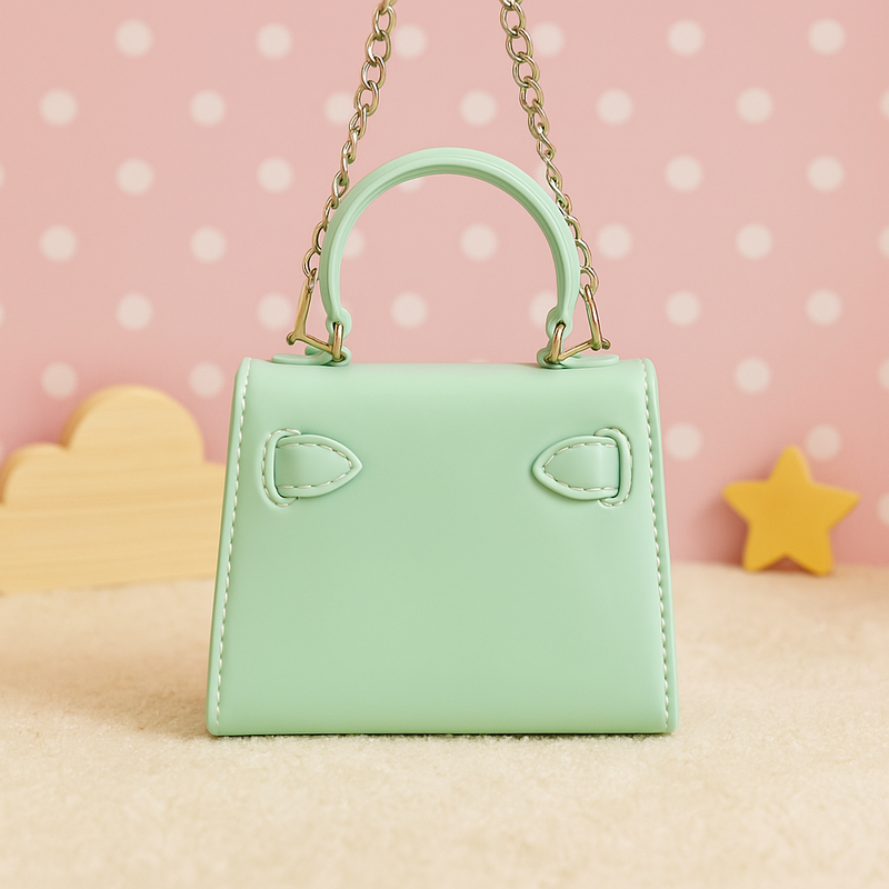 Mint Green Kids Handbag – Glossy Mini Purse with Bear, ‘Hi’ Cloud & Lollipop Embellishments