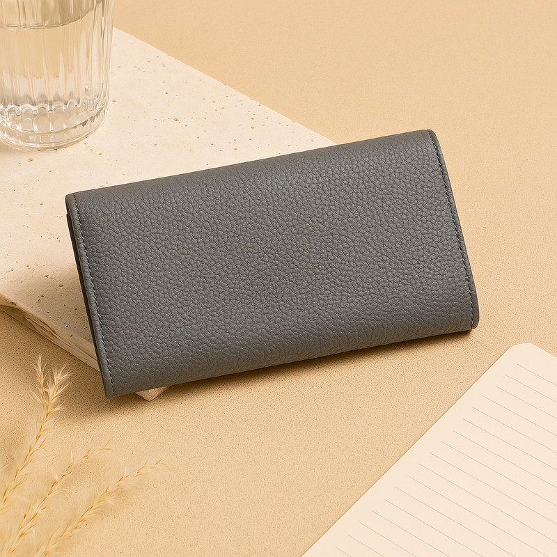 Grey Textured Leather Clutch Wallet for Women