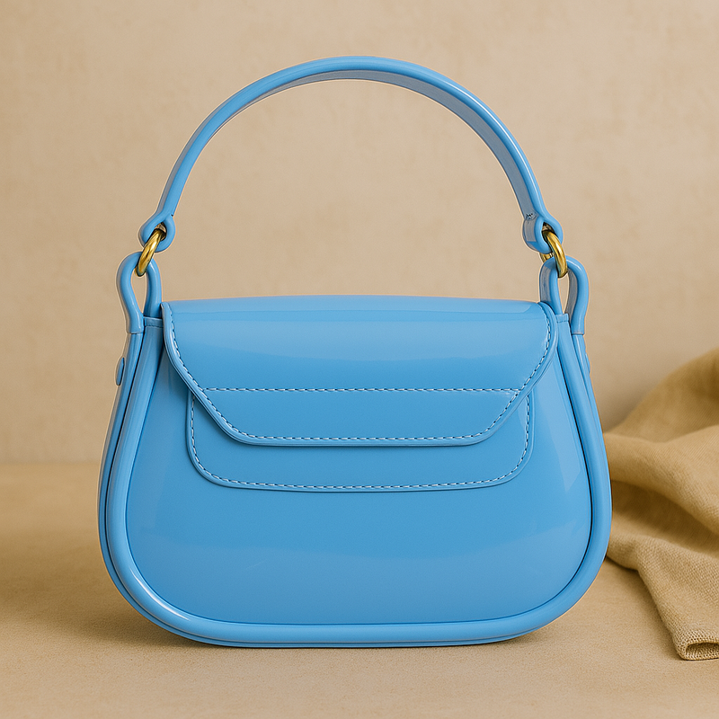 Sky Blue Glossy Shoulder Bag with Signature G Clasp – Fresh & Trendy