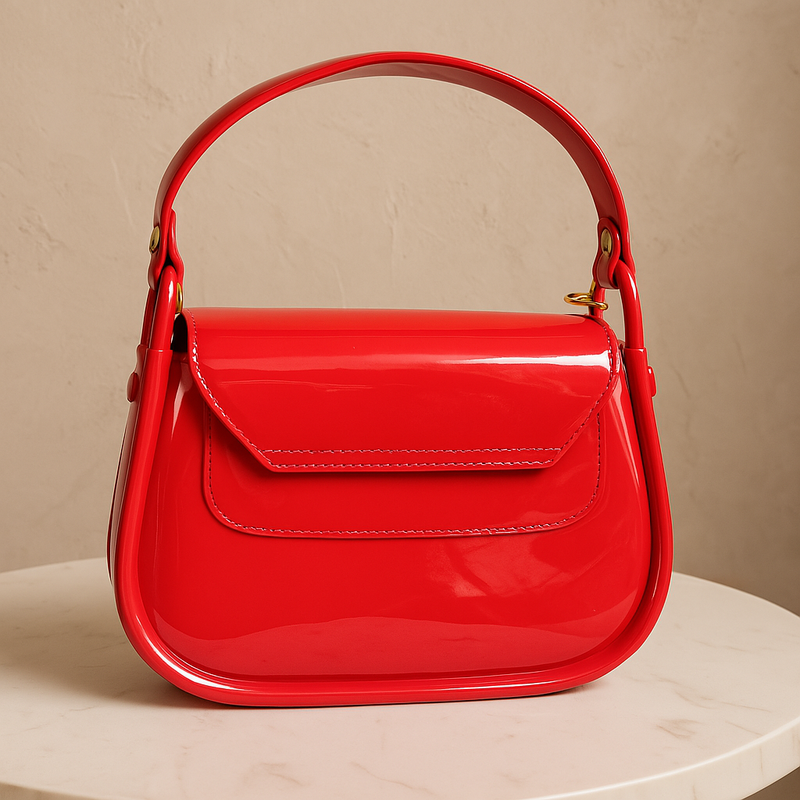 Cherry Red Glossy Handbag with G Logo – Statement Shoulder Purse