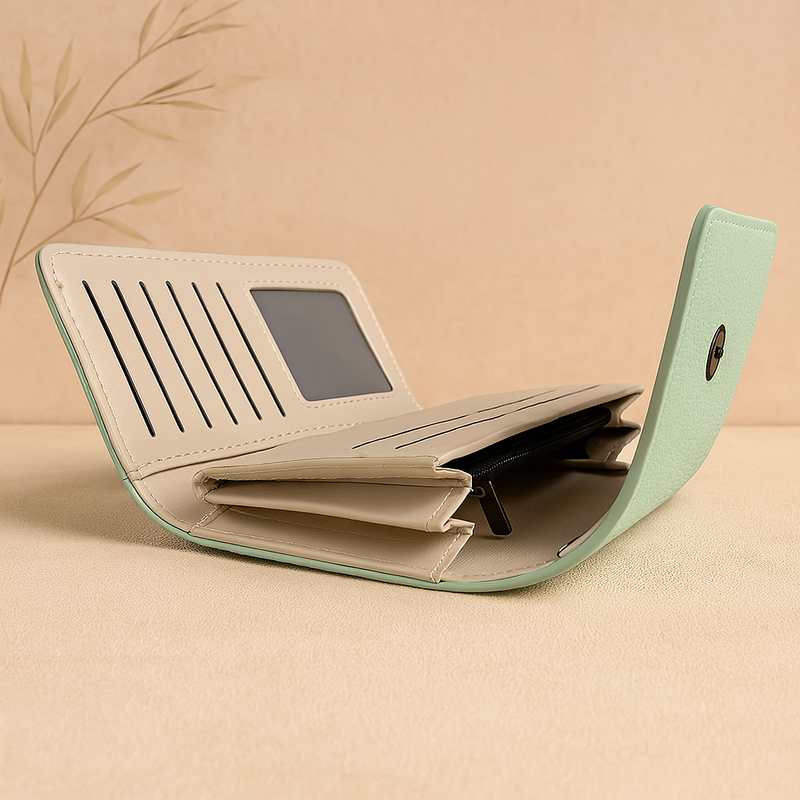 Green Textured Leather Clutch Wallet for Women