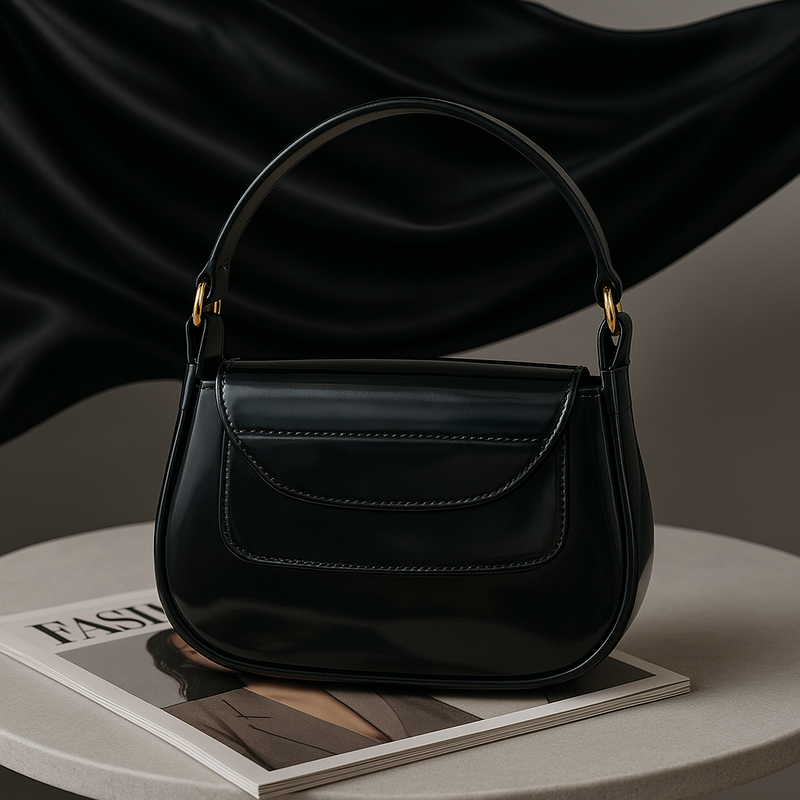 Black Glossy Pleated Handbag with G Logo – Chic and Versatile Purse