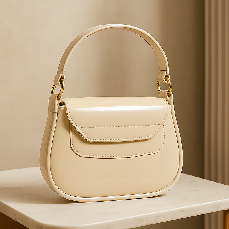 Beige Glossy Patent Leather Handbag with G Buckle – Elegant Everyday Purse