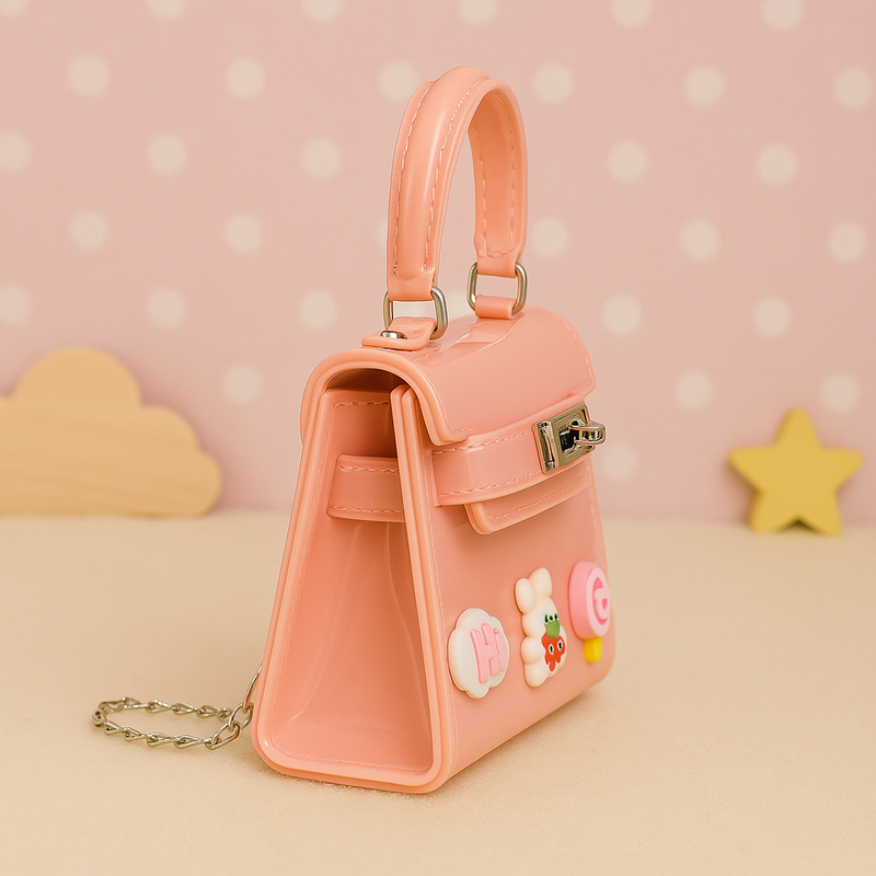 Peachy Pink Mini Kids Purse – Glossy Trapezoid Handbag with Fun Bear & Candy Charms
