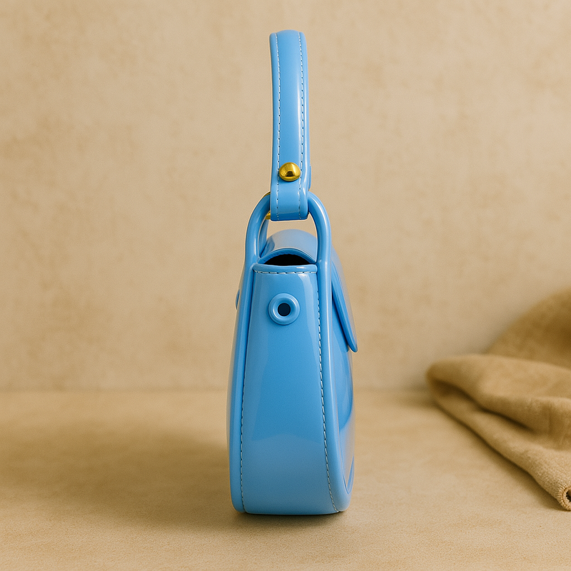 Sky Blue Glossy Shoulder Bag with Signature G Clasp – Fresh & Trendy