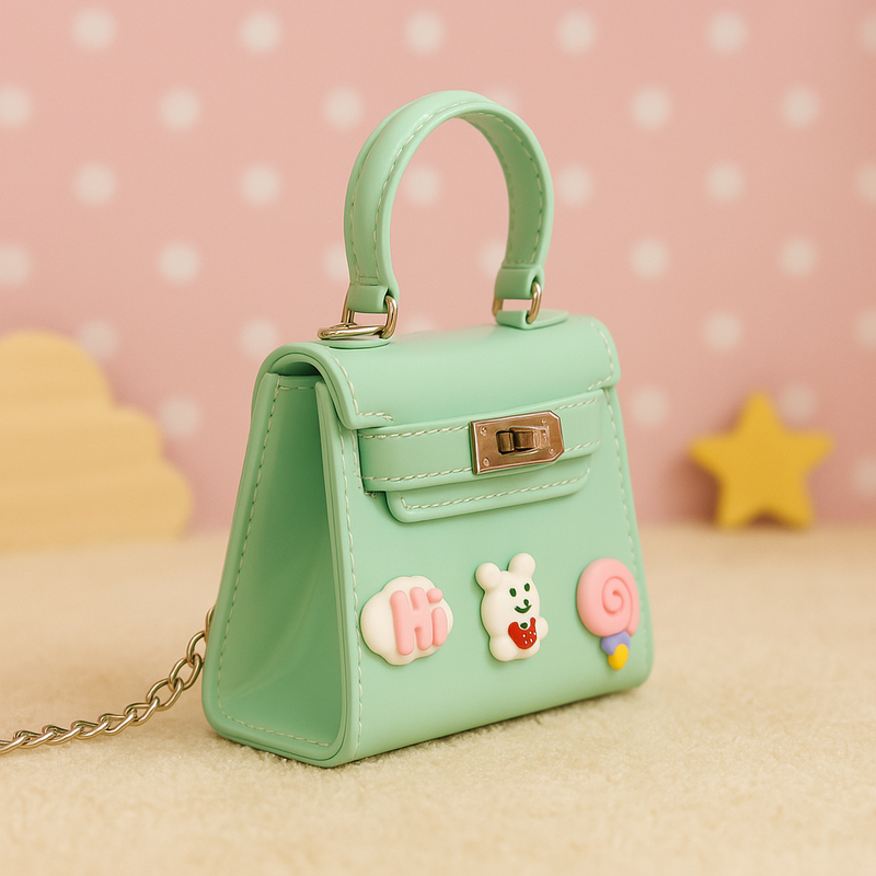 Mint Green Kids Handbag – Glossy Mini Purse with Bear, ‘Hi’ Cloud & Lollipop Embellishments