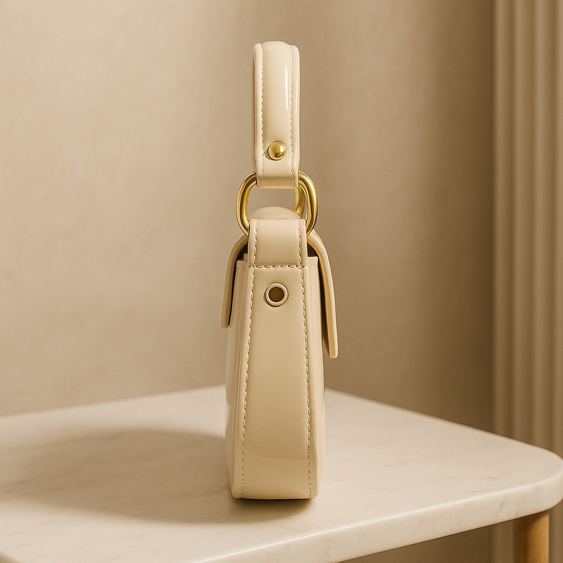 Beige Glossy Patent Leather Handbag with G Buckle – Elegant Everyday Purse