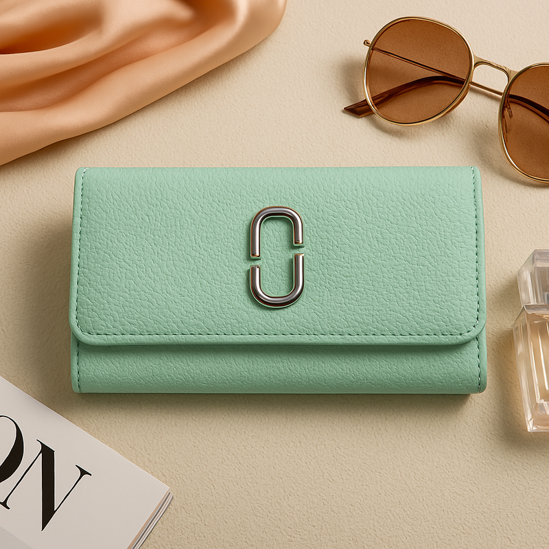 Green Textured Leather Clutch Wallet for Women