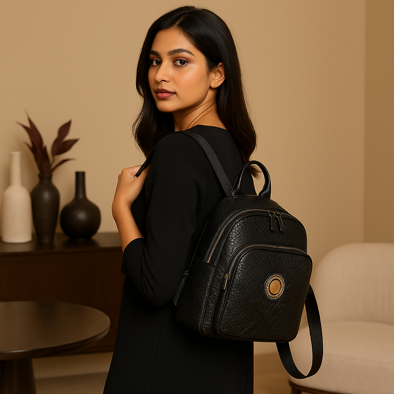 Black Mini Backpack for Women – With Gold Detailing & Multi Compartments