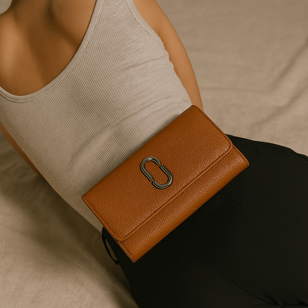 Brown Textured Leather Clutch Wallet for Women