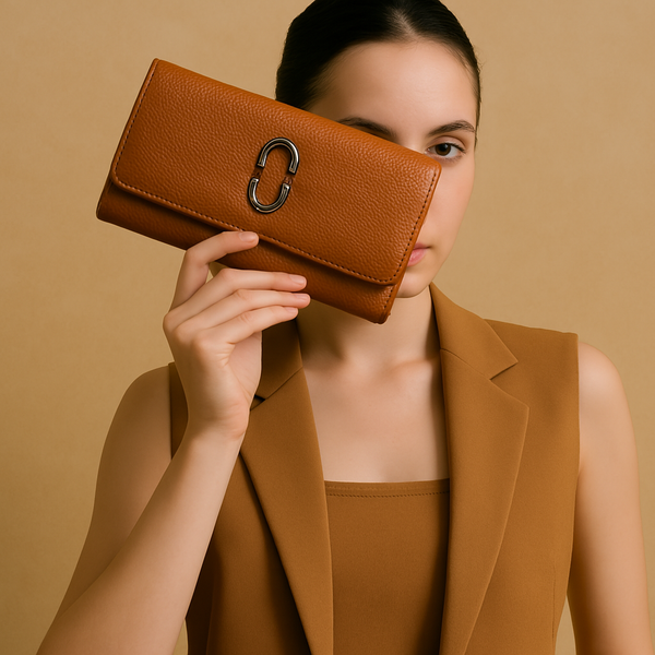Brown Textured Leather Clutch Wallet for Women