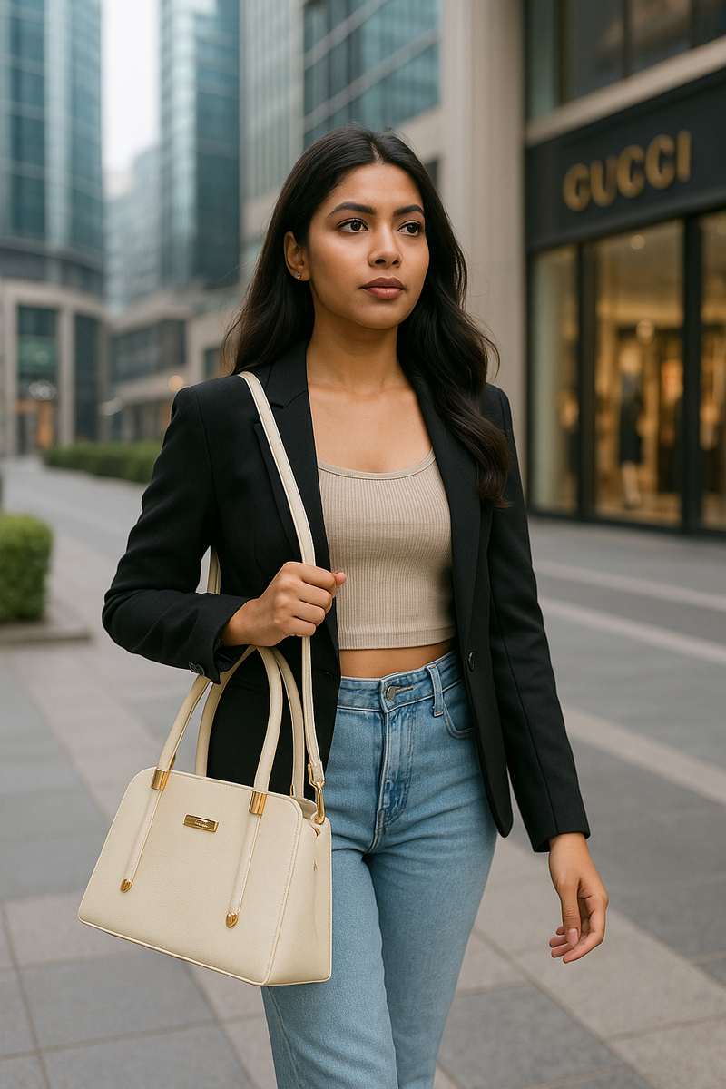 Rivaara Luxe Beige Structured Handbag – Elegant Gold Hardware, Minimalist Design, Office to Evening Style