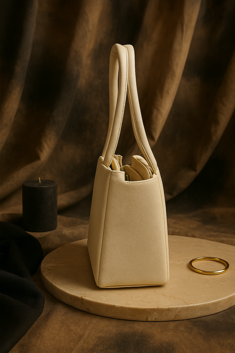 Rivaara Luxe Beige Structured Handbag – Elegant Gold Hardware, Minimalist Design, Office to Evening Style