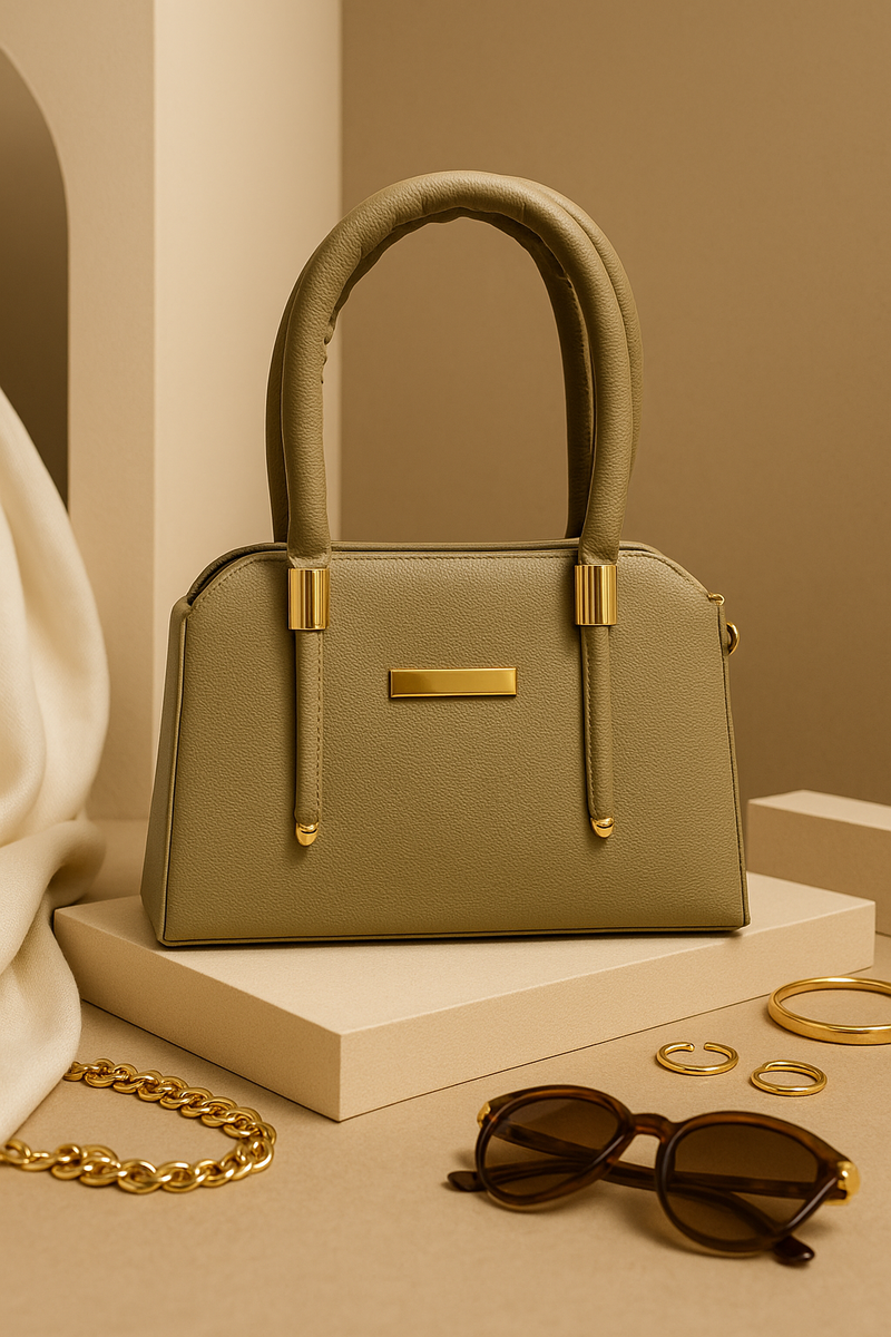 Rivaara Luxe Beige Structured Handbag – Elegant Gold Hardware, Minimalist Design, Office to Evening Style