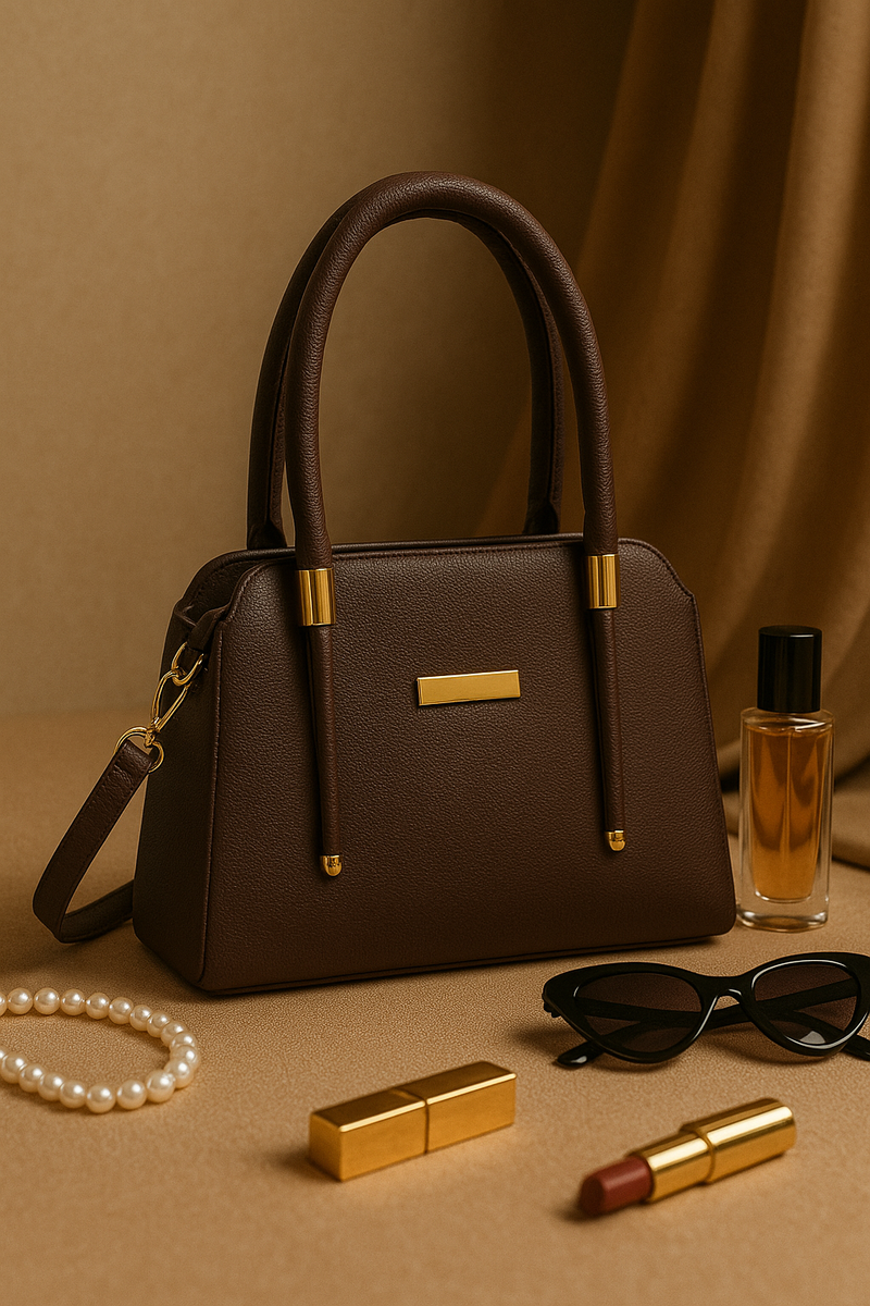 Rivaara Luxe Beige Structured Handbag – Elegant Gold Hardware, Minimalist Design, Office to Evening Style