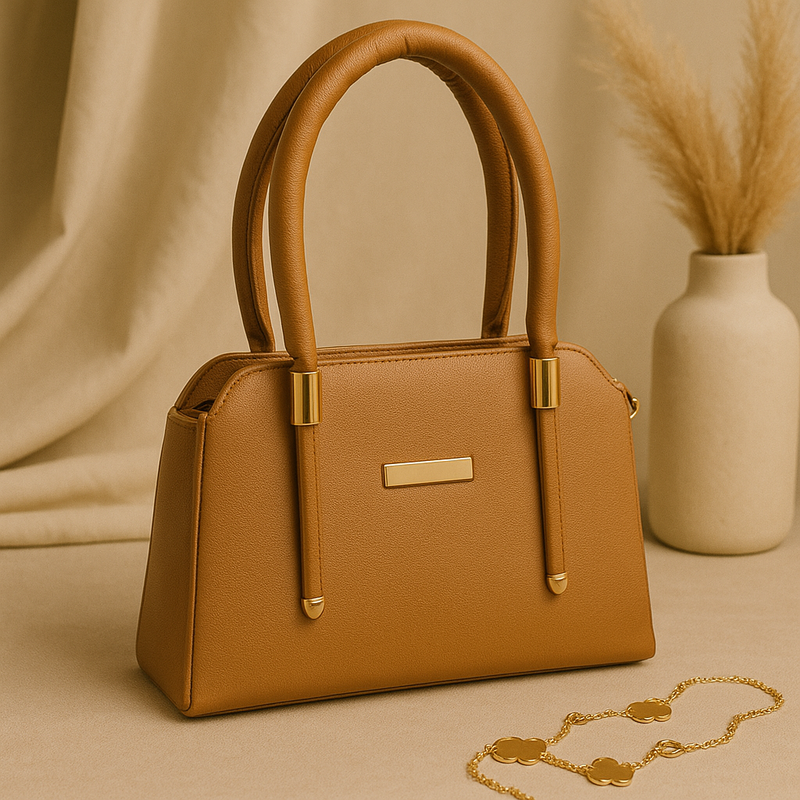 Rivaara Luxe Beige Structured Handbag – Elegant Gold Hardware, Minimalist Design, Office to Evening Style