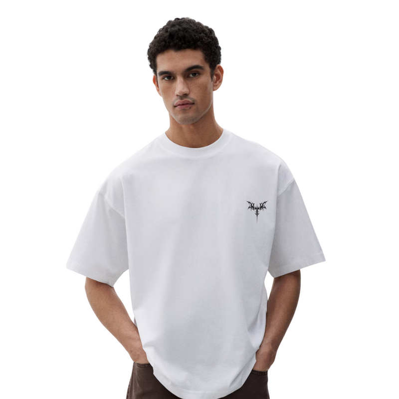 Men’s White Oversized T-Shirt – Minimal Gothic Chest Log