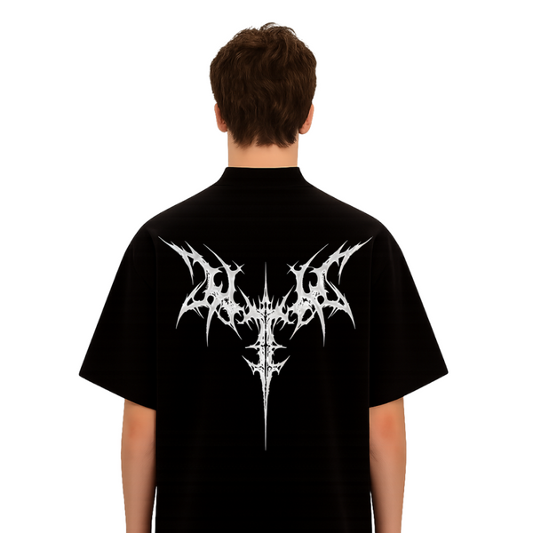 Men’s White Oversized T-Shirt – Minimal Gothic Chest Log