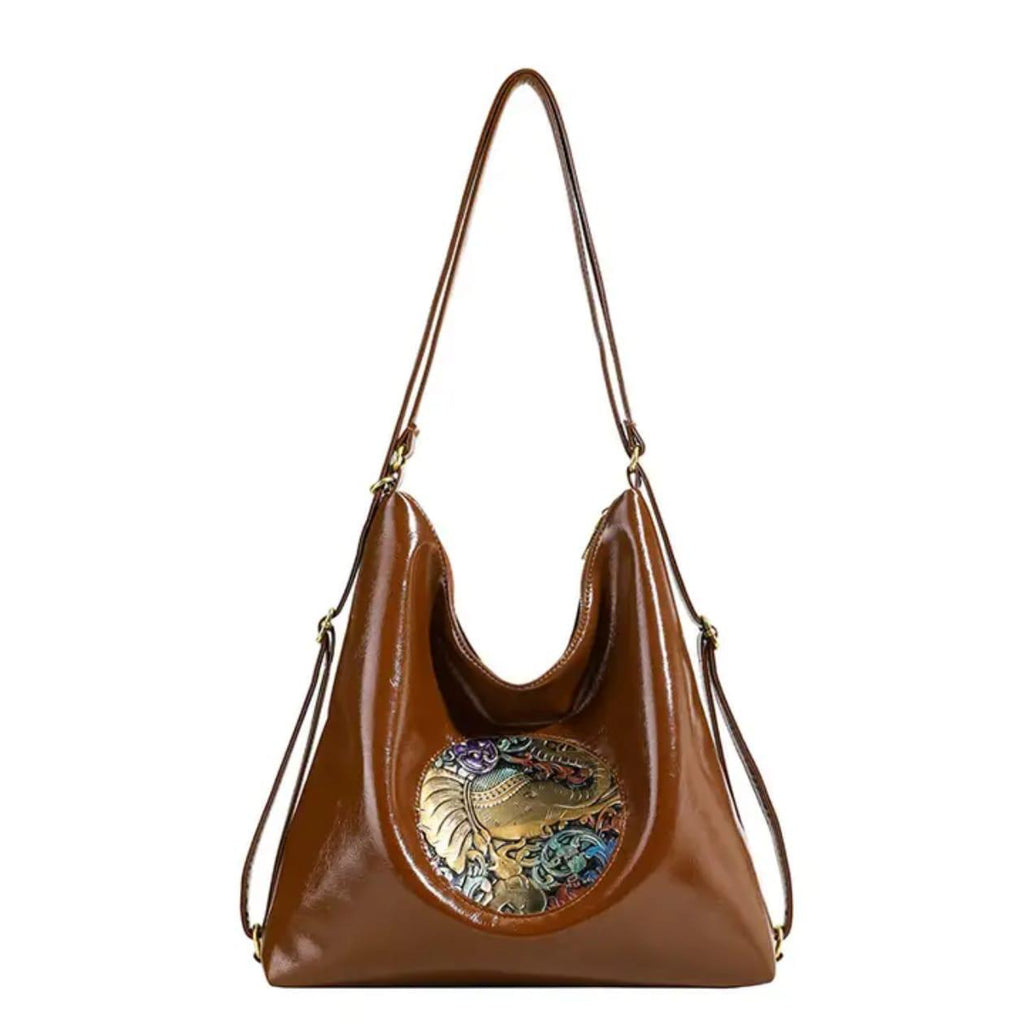 Premium Handcrafted Boho Chic Leather Shoulder and Tote Bag with Artistic Embossed Motif
